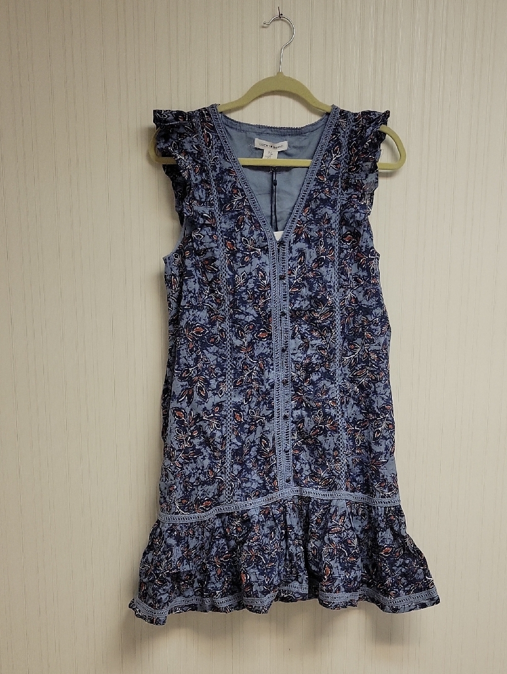 Lucky Brand Blue Floral Ruffle Midi Dress Small New Summer Cottagecore Business